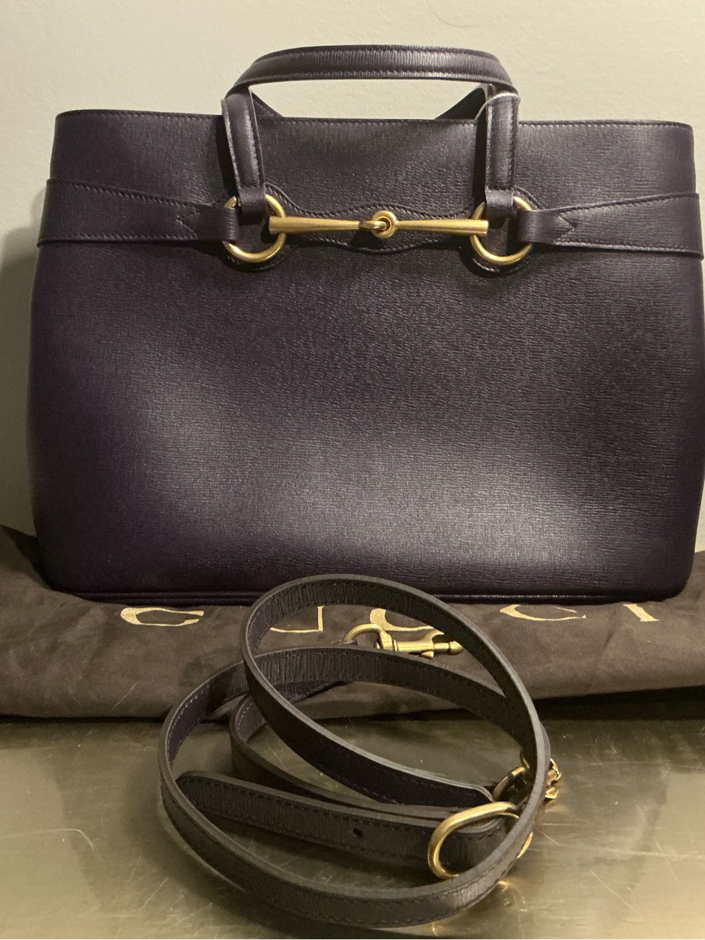 Authentic Gucci Purple Grained Leather Bright Bit Medium Convertible Tote Bag